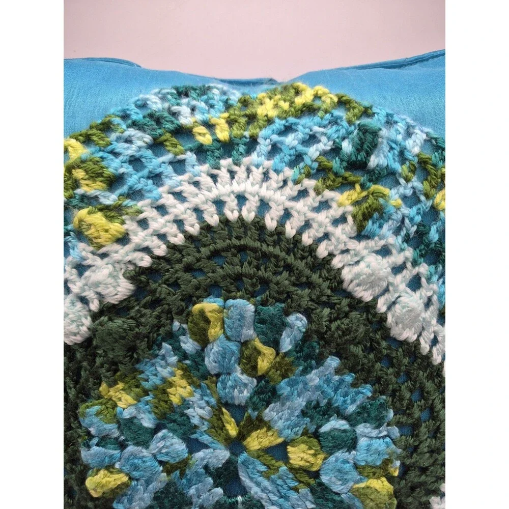 Crochet Granny Square Floral Boho Mandala Pillow Teal Green Yellow 16